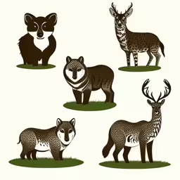 six animal that are standing in the grass,an animal graphic set of four different kinds of wild animals