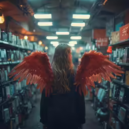 a girl with red angel wings in a book store