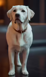 a white dog is sitting down on the floor