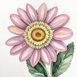 the painting shows a pink daisy with green leaves,a painting of a big pretty flower on the white background