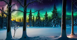 a landscape shows brightly colored aurora lights, trees and snow
