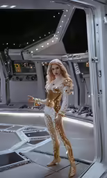 a woman in a white suit on display with some lights