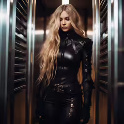 a woman in a black leather outfit and boots,a woman wearing leather, standing in an elevator