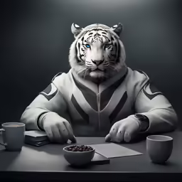 a large tiger with blue eyes in a costume eating