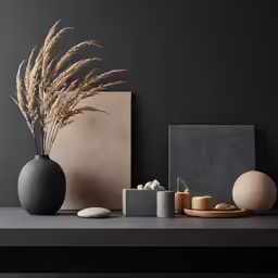 a collection of decorative items in front of a black backdrop