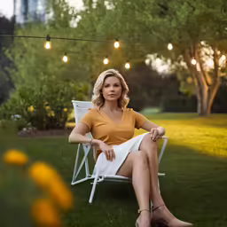 a woman wearing heels sitting on a lawn chair in a backyard at night