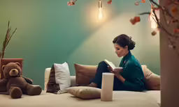 a woman sitting on a couch reading a book