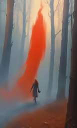 a woman with a long orange dress walks in a wooded area