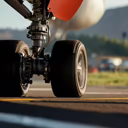 the wheels of a large passenger plane and its landing gear