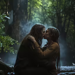 a couple sit in the woods, kissing