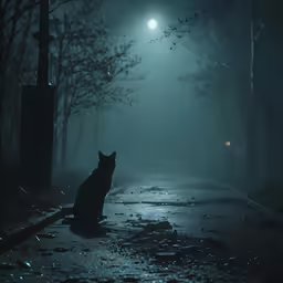 the dark night has fog, and it looks like it is just raining