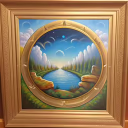 a framed artwork depicting an outside view of a lake,painting of a porthole to show nature at the end of the day