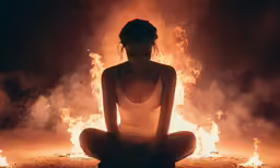 the girl sits in front of the fire with bright light