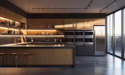 a kitchen area with stainless steel appliances and floor to ceiling windows