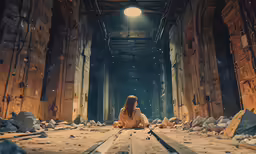 a woman sitting on a train track in a tunnel
