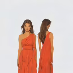 two women are in orange dresses standing