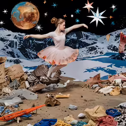 a ballet scene shows an encausted, rocky landscape and mountain background