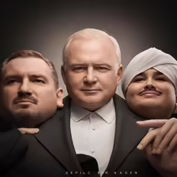 an older man and woman with heads wrapped around him
