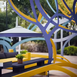 a black table and blue bench near an umbrella