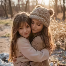 two little girls hugging and cuddling in front of trees