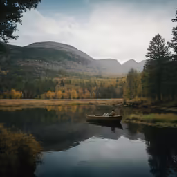 a small boat floating on top of a lake