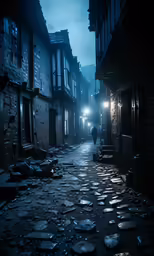 a woman walks down a dark street at night with an umbrella on her head