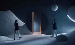 the two people are standing outside in the snow