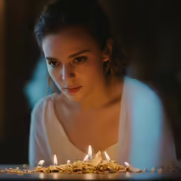 a woman looking into a candle in a cake