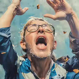 a man is being drenched with confetti and flying flies