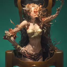 a statue sits on a chair next to a shelf