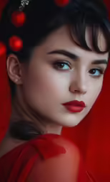 young woman with bright red lips and diamond jewelry