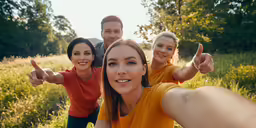 three friends taking a selfie in a field