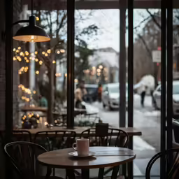 some people are walking by the window on a snowy day
