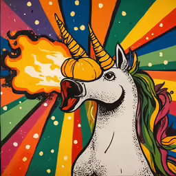 this drawing of a unicorn with large horn and colorful stripes