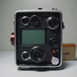 a small black camera that has a bunch of dials