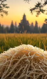 a close - up of some wheat stalks with a setting sun in the background