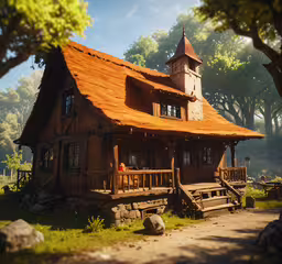 a small, wood - trimmed building with a tower,a home that is built in a small house