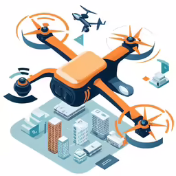 an illustration of a quadcopter flying over a city