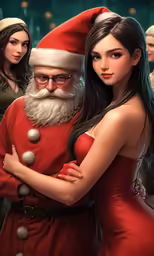 a christmas illustration of an santa hugging a woman in front of a crowd