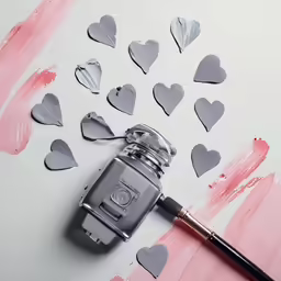 a makeup brush with pink and silver paper hearts around it