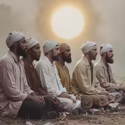 five men wearing white sitting in a row and looking towards the side