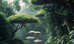 four tan umbrellas are on a path in the woods