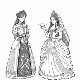 an adult coloring book with princess and girl dresses,two princesses in wedding dresses are looking down at the plate