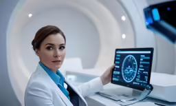 a woman is using an mri machine in a hospital