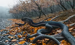 a blue snake is on the ground with leaves around it
