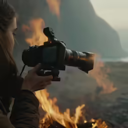 woman behind camera taking photograph while standing on fire with mountains in the background