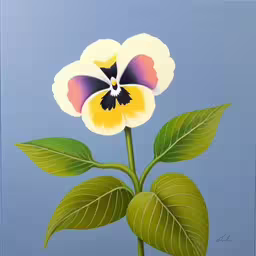 a painting of an exotic flower with blue sky in the background,a painting of flowers in a vase on the wall