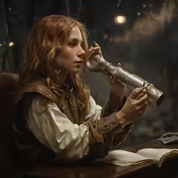 a woman sitting down with a telescope in her hand