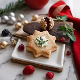 christmas biscuits are served with berries and nuts on white plates