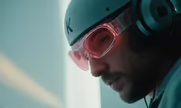 a man wearing glasses while staring up with an extra bright light on his face